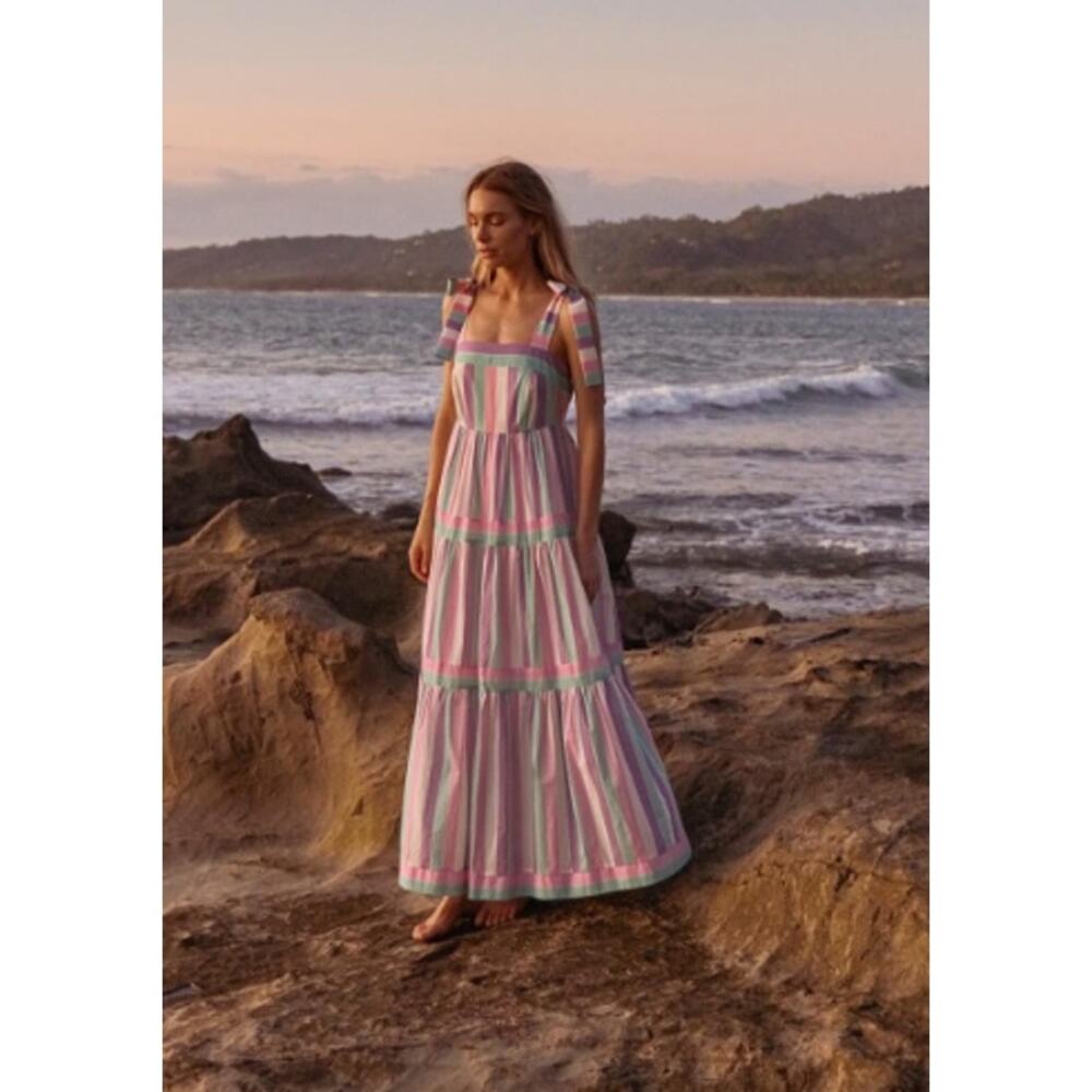 Hunter Bell Jessica Candy Stripe Square Neck Maxi Dress Purple Cotton Size 4